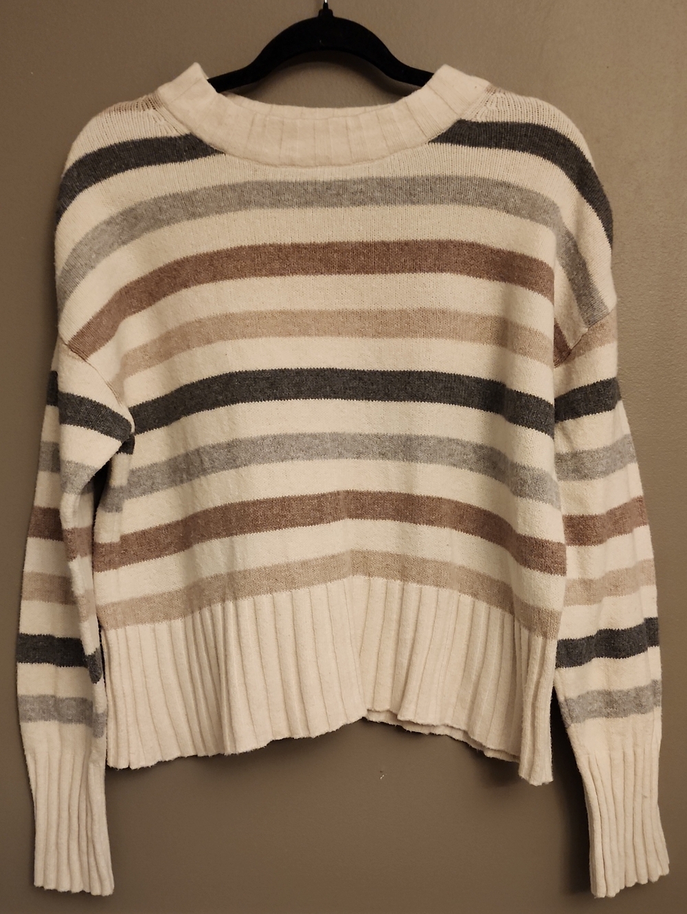 GAP Cream Striped Crewneck Sweater with Brown & Gray Bands